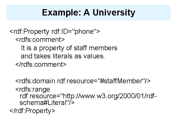 Example: A University <rdf: Property rdf: ID="phone"> <rdfs: comment> It is a property of