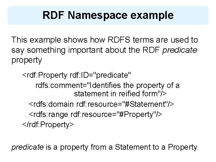 RDF Namespace example This example shows how RDFS terms are used to say something