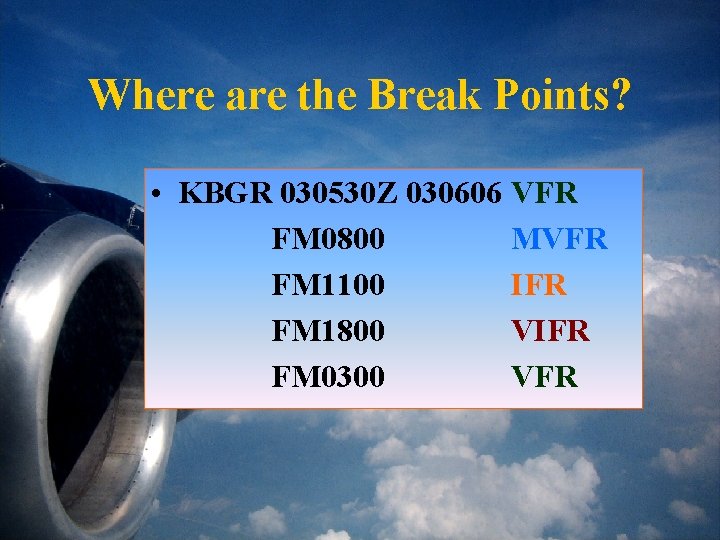 Where are the Break Points? • KBGR 030530 Z 030606 VFR FM 0800 MVFR