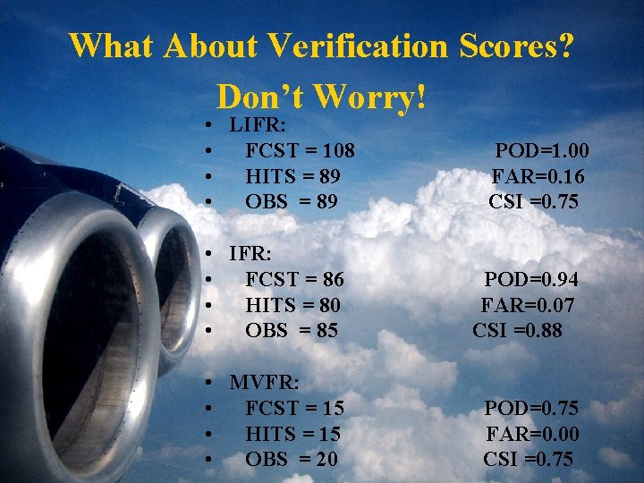 What About Verification Scores? Don’t Worry! • LIFR: • FCST = 108 • HITS