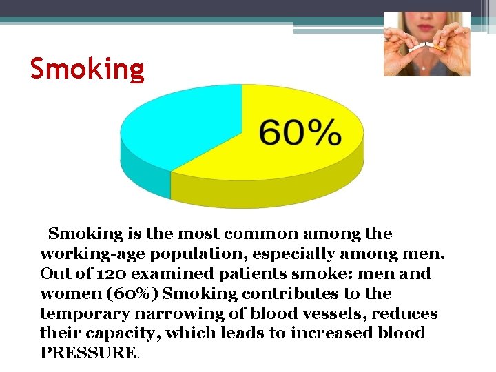 Smoking is the most common among the working-age population, especially among men. Out of