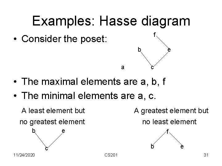 Examples: Hasse diagram f • Consider the poset: b a e c • The