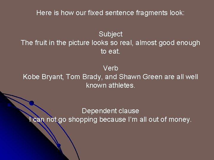 Here is how our fixed sentence fragments look: Subject The fruit in the picture