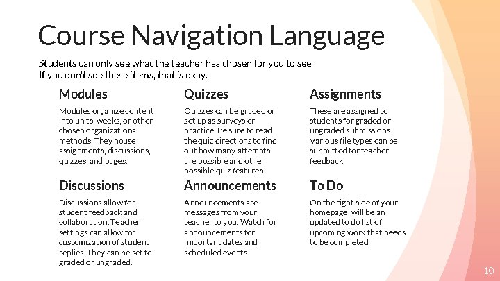 Course Navigation Language Students can only see what the teacher has chosen for you