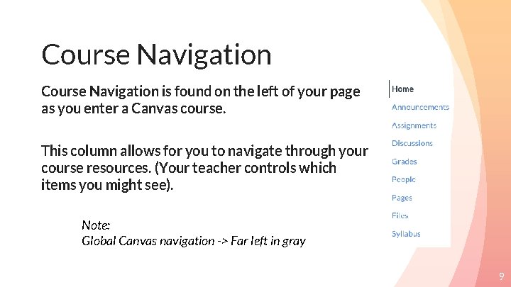 Course Navigation is found on the left of your page as you enter a