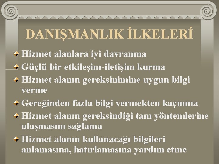 DANIŞMANLIK İLKELERİ Hizmet alanlara iyi davranma Güçlü bir etkileşim-iletişim kurma Hizmet alanın gereksinimine uygun DANIŞMANLIK İLKELERİ Hizmet alanlara iyi davranma Güçlü bir etkileşim-iletişim kurma Hizmet alanın gereksinimine uygun