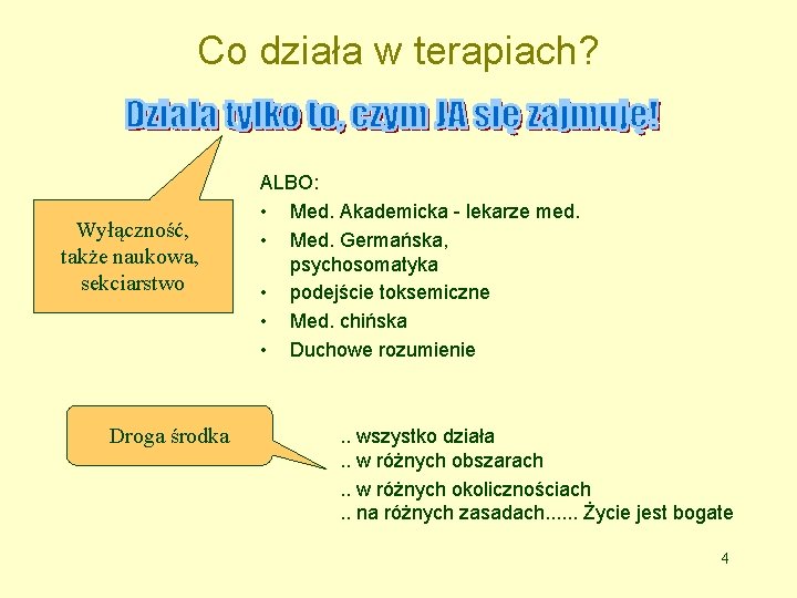 Co działa w terapiach? Wyłączność, także naukowa, sekciarstwo Droga środka ALBO: • Med. Akademicka