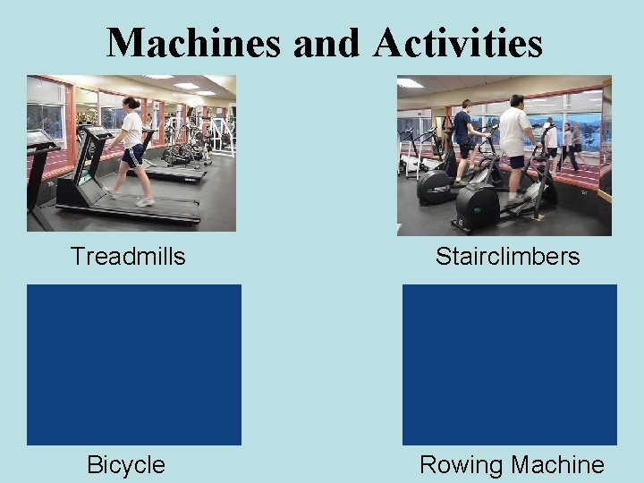 Machines and Activities Treadmills Stairclimbers Bicycle Rowing Machine 