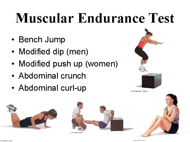 Muscular Endurance Test • • • Bench Jump Modified dip (men) Modified push up