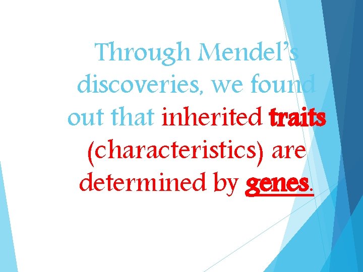 Through Mendel’s discoveries, we found out that inherited traits (characteristics) are determined by genes.