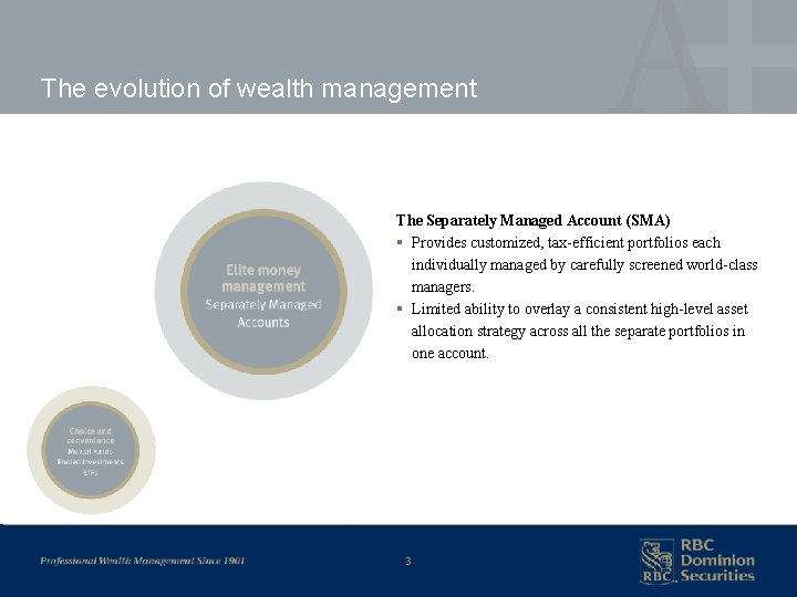The evolution of wealth management The Separately Managed Account (SMA) § Provides customized, tax-efficient
