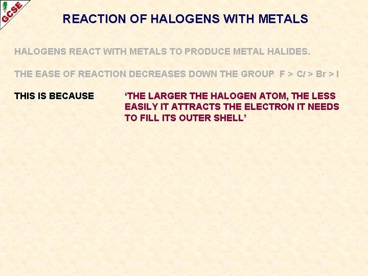 REACTION OF HALOGENS WITH METALS HALOGENS REACT WITH METALS TO PRODUCE METAL HALIDES. THE REACTION OF HALOGENS WITH METALS HALOGENS REACT WITH METALS TO PRODUCE METAL HALIDES. THE