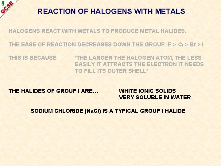 REACTION OF HALOGENS WITH METALS HALOGENS REACT WITH METALS TO PRODUCE METAL HALIDES. THE REACTION OF HALOGENS WITH METALS HALOGENS REACT WITH METALS TO PRODUCE METAL HALIDES. THE