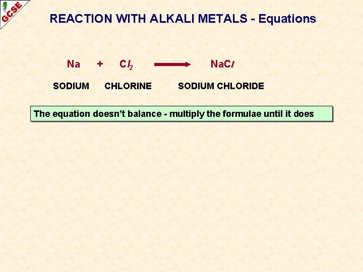 REACTION WITH ALKALI METALS - Equations Na SODIUM + Cl 2 Na. Cl CHLORINE REACTION WITH ALKALI METALS - Equations Na SODIUM + Cl 2 Na. Cl CHLORINE