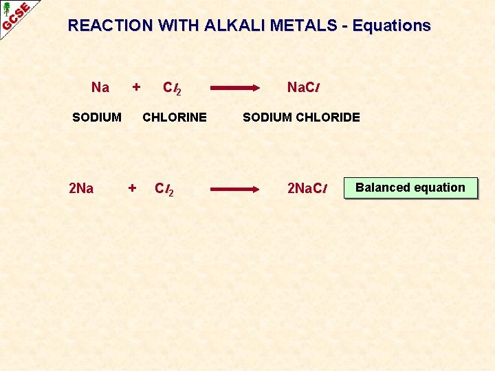 REACTION WITH ALKALI METALS - Equations Na + SODIUM 2 Na + Cl 2 REACTION WITH ALKALI METALS - Equations Na + SODIUM 2 Na + Cl 2