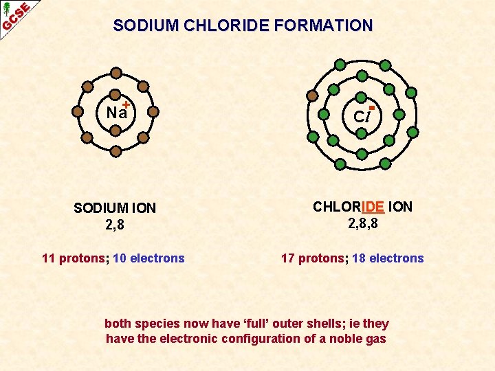 SODIUM CHLORIDE FORMATION Na+ Cl SODIUM ION 2, 8 CHLORIDE ION 2, 8, 8 SODIUM CHLORIDE FORMATION Na+ Cl SODIUM ION 2, 8 CHLORIDE ION 2, 8, 8