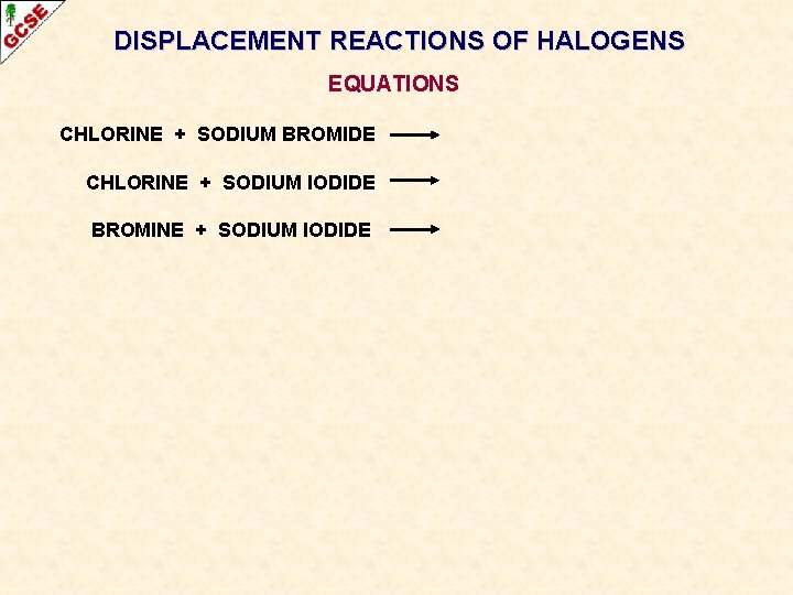 DISPLACEMENT REACTIONS OF HALOGENS EQUATIONS CHLORINE + SODIUM BROMIDE CHLORINE + SODIUM IODIDE BROMINE DISPLACEMENT REACTIONS OF HALOGENS EQUATIONS CHLORINE + SODIUM BROMIDE CHLORINE + SODIUM IODIDE BROMINE