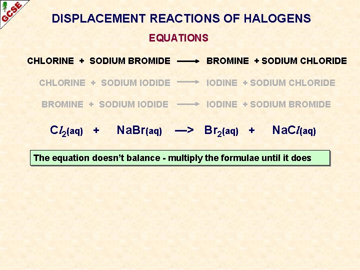 DISPLACEMENT REACTIONS OF HALOGENS EQUATIONS CHLORINE + SODIUM BROMIDE BROMINE + SODIUM CHLORIDE CHLORINE DISPLACEMENT REACTIONS OF HALOGENS EQUATIONS CHLORINE + SODIUM BROMIDE BROMINE + SODIUM CHLORIDE CHLORINE
