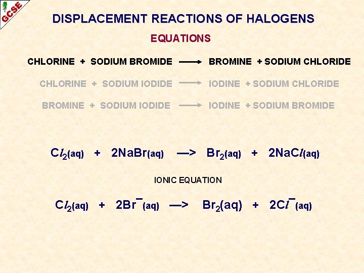 DISPLACEMENT REACTIONS OF HALOGENS EQUATIONS CHLORINE + SODIUM BROMIDE BROMINE + SODIUM CHLORIDE CHLORINE DISPLACEMENT REACTIONS OF HALOGENS EQUATIONS CHLORINE + SODIUM BROMIDE BROMINE + SODIUM CHLORIDE CHLORINE