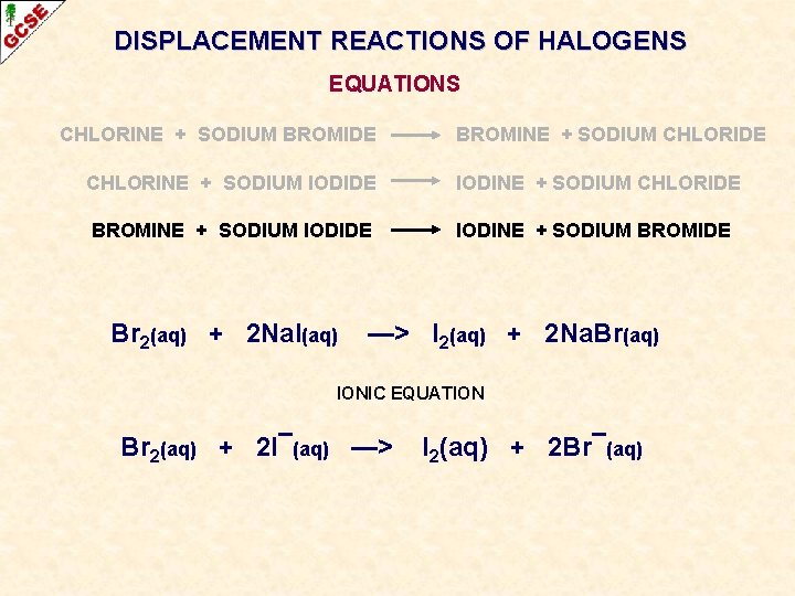 DISPLACEMENT REACTIONS OF HALOGENS EQUATIONS CHLORINE + SODIUM BROMIDE BROMINE + SODIUM CHLORIDE CHLORINE DISPLACEMENT REACTIONS OF HALOGENS EQUATIONS CHLORINE + SODIUM BROMIDE BROMINE + SODIUM CHLORIDE CHLORINE