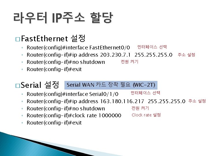 라우터 IP주소 할당 � Fast. Ethernet 설정 ◦ Router(config)#interface Fast. Ethernet 0/0 인터페이스 선택