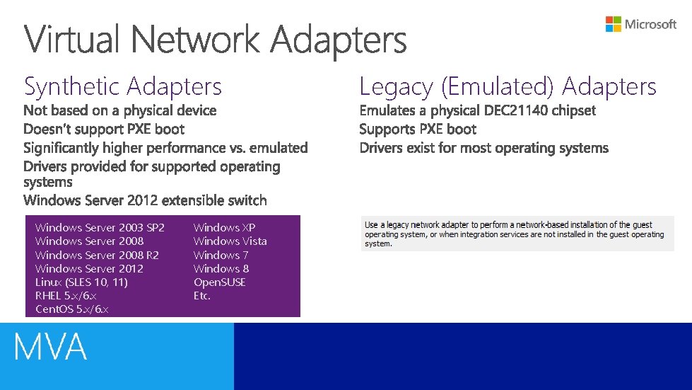 Synthetic Adapters Windows Server 2003 SP 2 Windows Server 2008 R 2 Windows Server