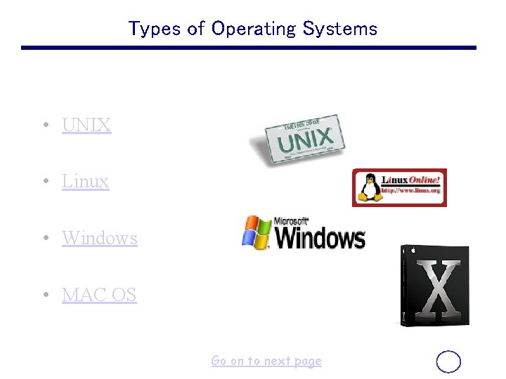 Types of Operating Systems • UNIX • Linux • Windows • MAC OS Go