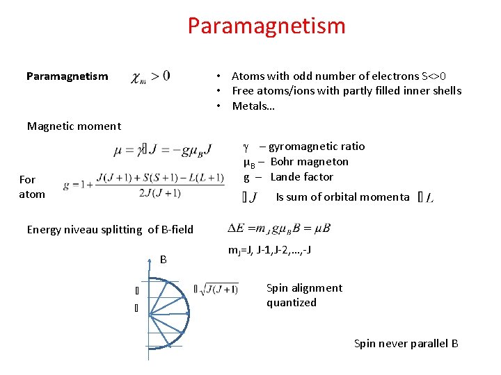 Paramagnetism • Atoms with odd number of electrons S<>0 • Free atoms/ions with partly