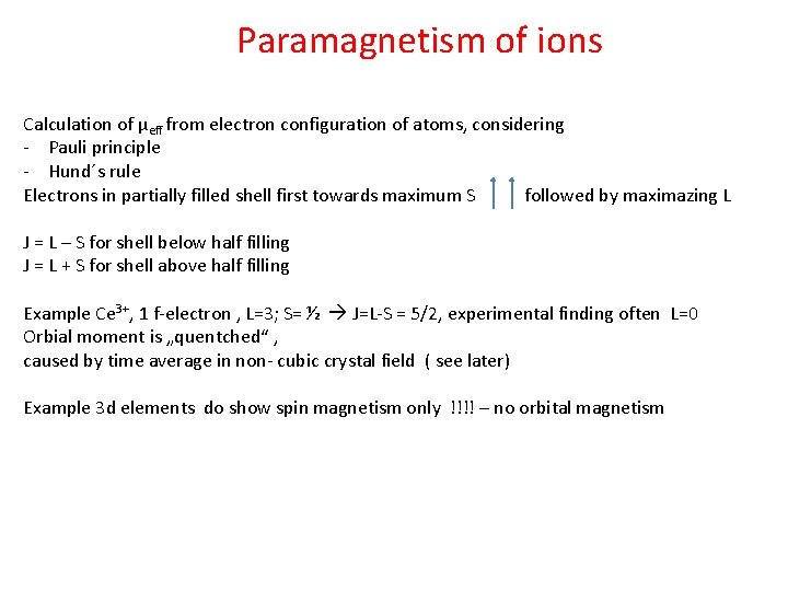 Paramagnetism of ions Calculation of µeff from electron configuration of atoms, considering - Pauli
