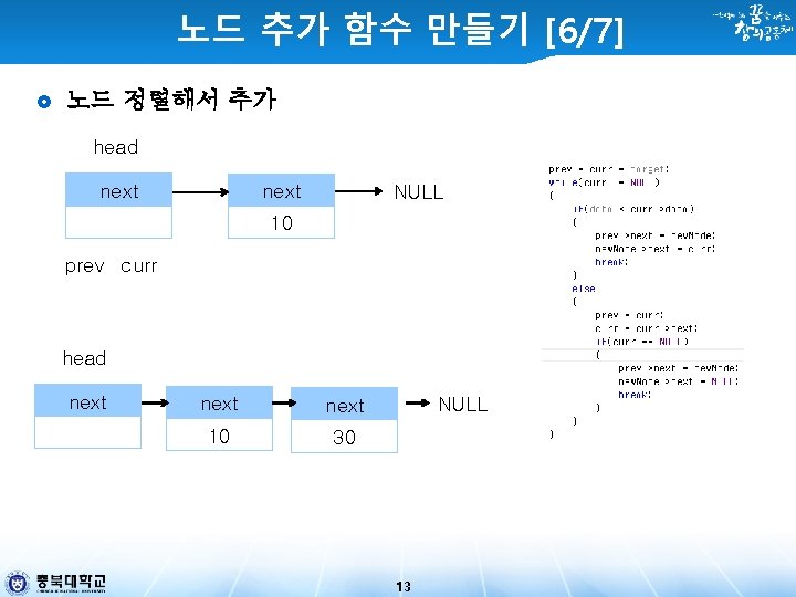 노드 추가 함수 만들기 [6/7] 노드 정렬해서 추가 head next NULL 10 prev curr