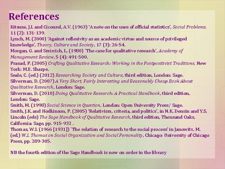 References Kitsuse, J. I. and Cicourel, A. V. (1963) ‘A note on the uses
