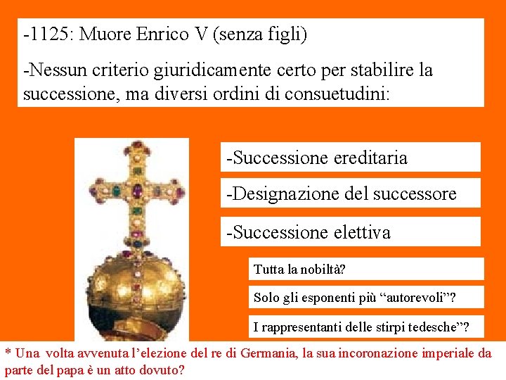 -1125: Muore Enrico V (senza figli) -Nessun criterio giuridicamente certo per stabilire la successione,