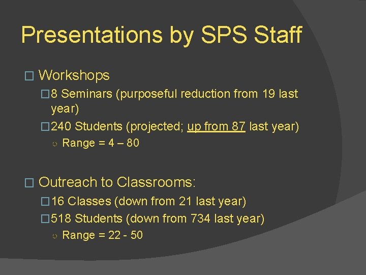 Presentations by SPS Staff � Workshops � 8 Seminars (purposeful reduction from 19 last