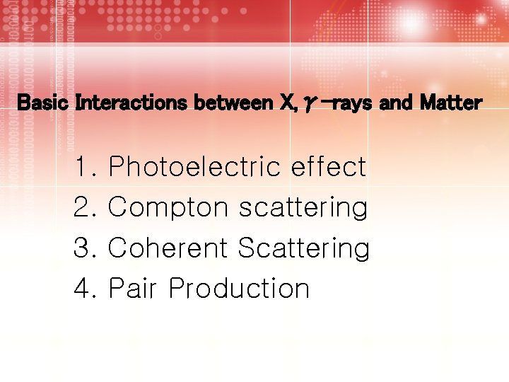 Basic Interactions between X, γ-rays and Matter 1. 2. 3. 4. Photoelectric effect Compton