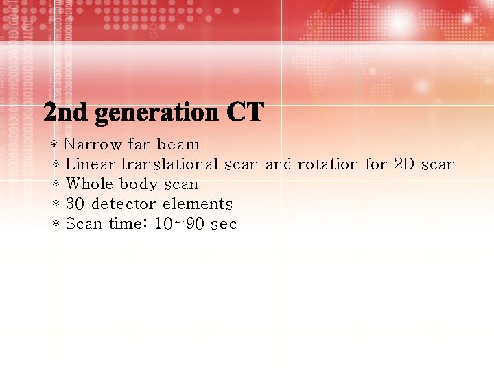 * Narrow fan beam 　* Linear translational scan and rotation for 2 D scan