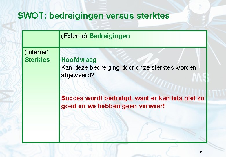 SWOT; bedreigingen versus sterktes (Externe) Bedreigingen (Interne) Sterktes Hoofdvraag Kan deze bedreiging door onze