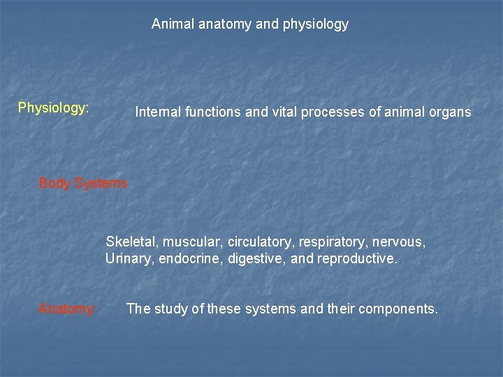 Animal anatomy and physiology Physiology: Internal functions and vital processes of animal organs Body