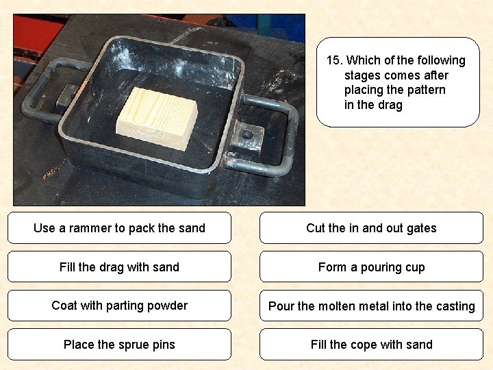 15. Which of the following stages comes after placing the pattern in the drag