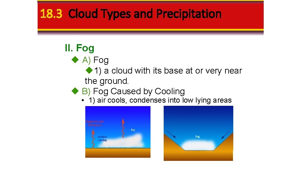 18. 3 Cloud Types and Precipitation II. Fog A) Fog 1) a cloud with