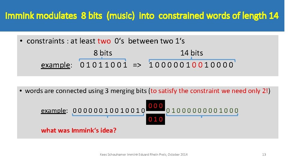 Immink modulates 8 bits (music) into constrained words of length 14 • constraints :