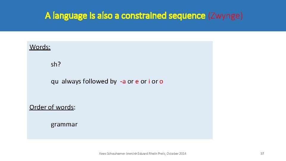 A language is also a constrained sequence (Zwynge) Words: sh? qu always followed by