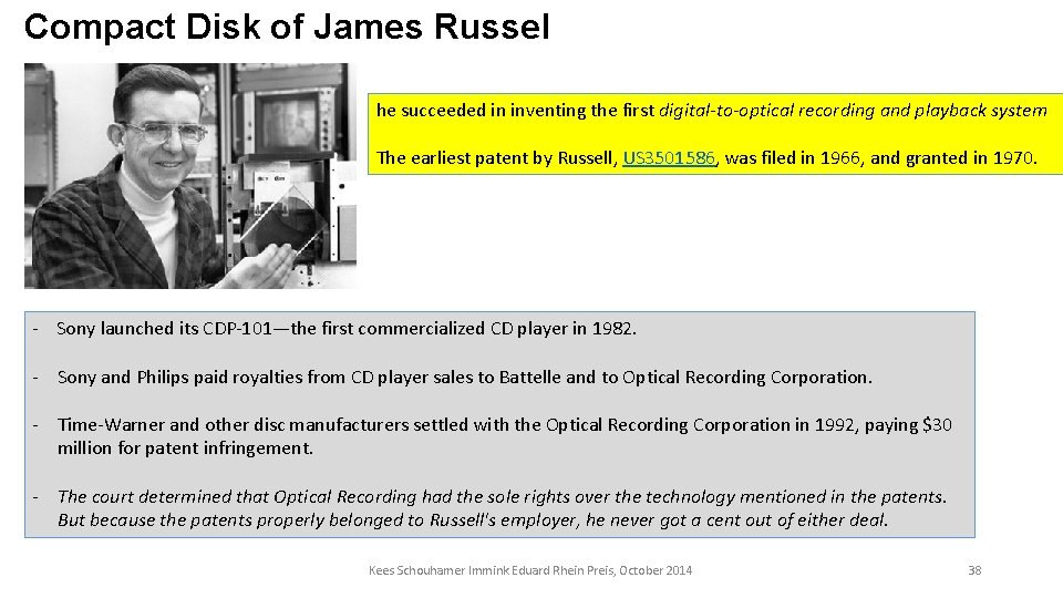 Compact Disk of James Russel he succeeded in inventing the first digital-to-optical recording and