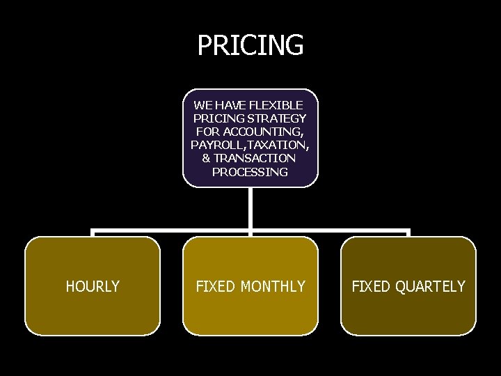 PRICING WE HAVE FLEXIBLE PRICING STRATEGY FOR ACCOUNTING, PAYROLL, TAXATION, & TRANSACTION PROCESSING HOURLY