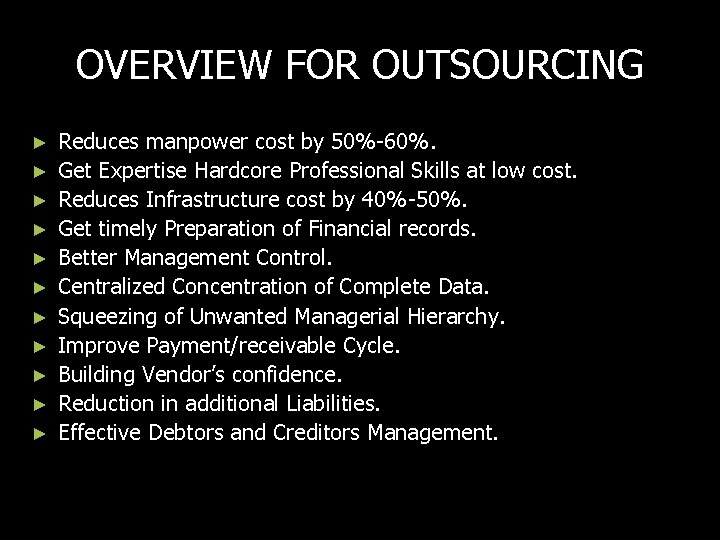 OVERVIEW FOR OUTSOURCING ► ► ► Reduces manpower cost by 50%-60%. Get Expertise Hardcore