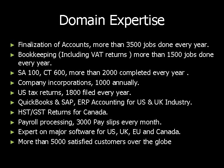 Domain Expertise ► ► ► ► ► Finalization of Accounts, more than 3500 jobs