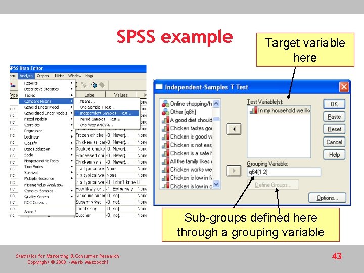SPSS example Target variable here Sub-groups defined here through a grouping variable Statistics for SPSS example Target variable here Sub-groups defined here through a grouping variable Statistics for