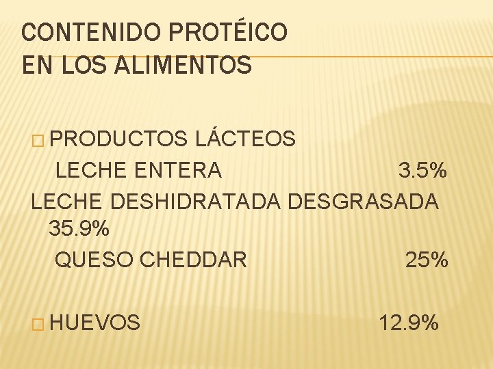 CONTENIDO PROTÉICO EN LOS ALIMENTOS � PRODUCTOS LÁCTEOS LECHE ENTERA 3. 5% LECHE DESHIDRATADA CONTENIDO PROTÉICO EN LOS ALIMENTOS � PRODUCTOS LÁCTEOS LECHE ENTERA 3. 5% LECHE DESHIDRATADA