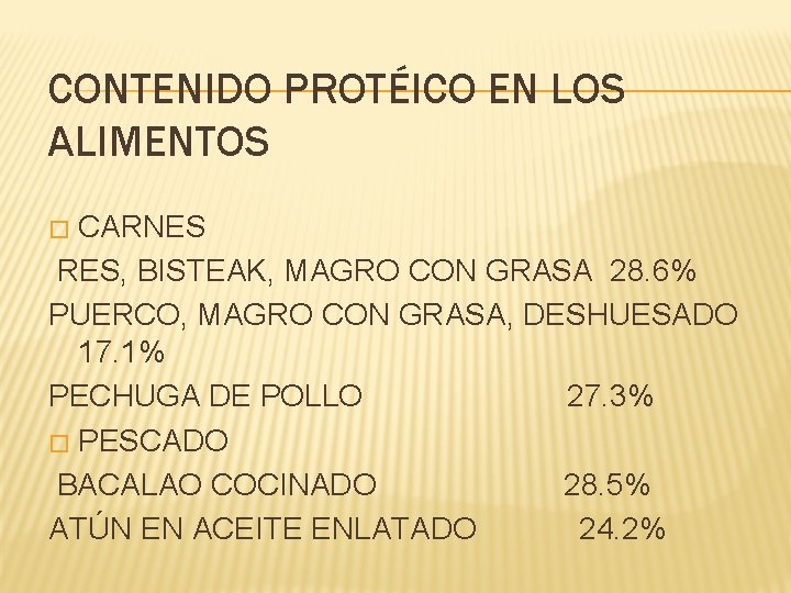 CONTENIDO PROTÉICO EN LOS ALIMENTOS CARNES RES, BISTEAK, MAGRO CON GRASA 28. 6% PUERCO,