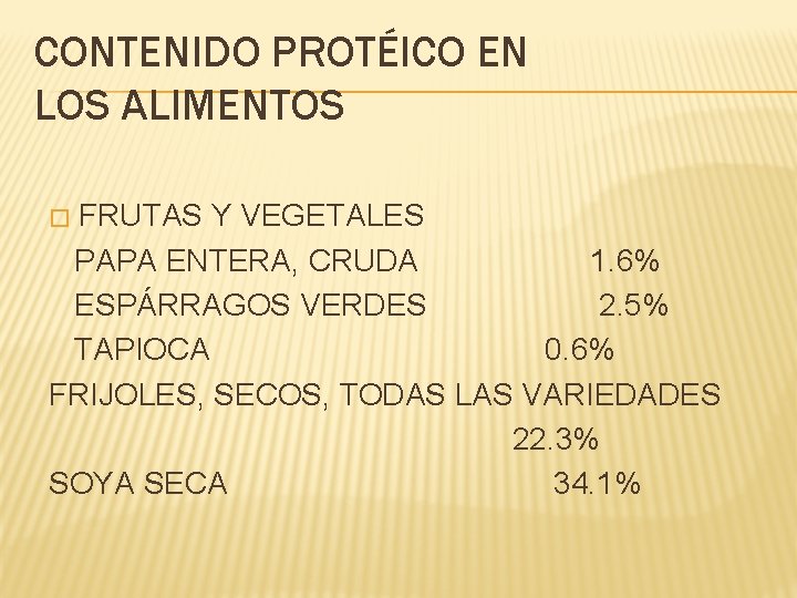 CONTENIDO PROTÉICO EN LOS ALIMENTOS FRUTAS Y VEGETALES PAPA ENTERA, CRUDA 1. 6% ESPÁRRAGOS CONTENIDO PROTÉICO EN LOS ALIMENTOS FRUTAS Y VEGETALES PAPA ENTERA, CRUDA 1. 6% ESPÁRRAGOS