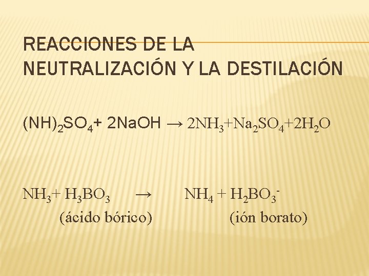 REACCIONES DE LA NEUTRALIZACIÓN Y LA DESTILACIÓN (NH)2 SO 4+ 2 Na. OH → REACCIONES DE LA NEUTRALIZACIÓN Y LA DESTILACIÓN (NH)2 SO 4+ 2 Na. OH →
